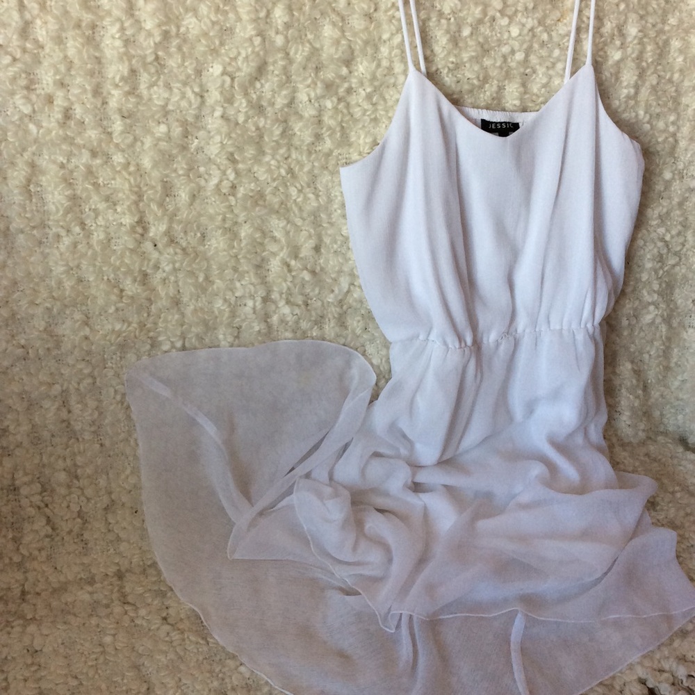 White dip hem sheer spaghetti strap mini dress